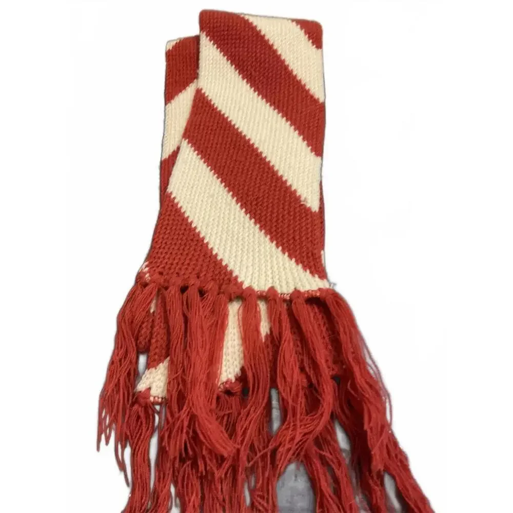 Vintage Brick Red and Cream Striped Acrylic Knit Scarf with Fringe